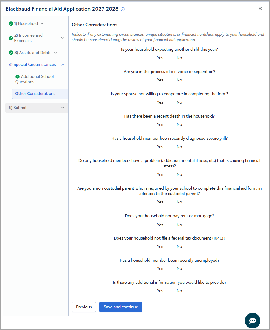 Screenshot of section U. Special Circumstances